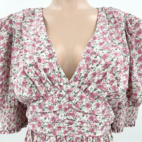 Lush Pink Floral Cottagecore Puff Sleeve V-Neck A-Line Dress Size Large - Picture 5 of 12